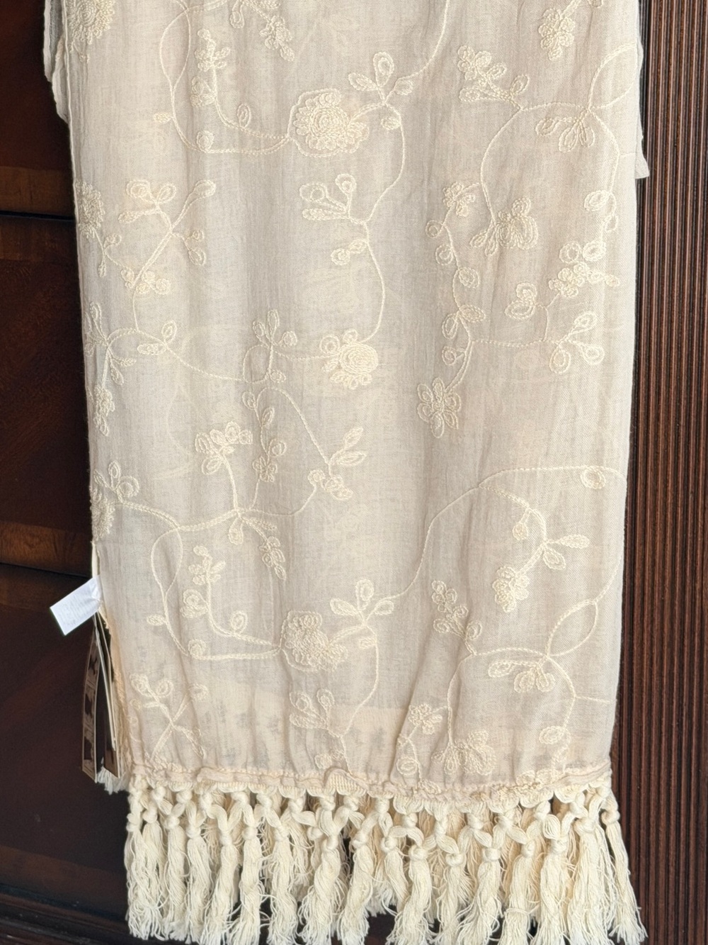 indigo soul Cream Embroidered Fringe Scarf Wrap